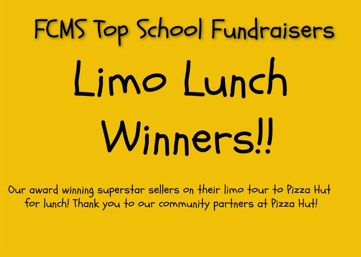 FcmsOffice's tweet photo. Top selling students at FCMS earned a ride in a limousine for lunch at Pizza Hut! Congratulations to these hard workers! #FCMSWorksHard #WCPSSuccess #SOMuchPIZZA https://t.co/8hMNrdoUU4