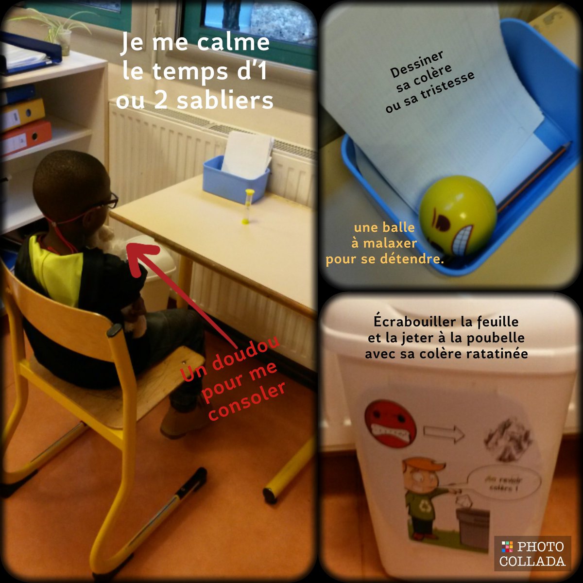 On ne peut pas travailler quand on est en colère ou triste. Mes élèves peuvent donc essayer de se calmer dès qu'ils en sentent le besoin. La boîte pourrait contenir d'autres objets, c'est un début. 😉
