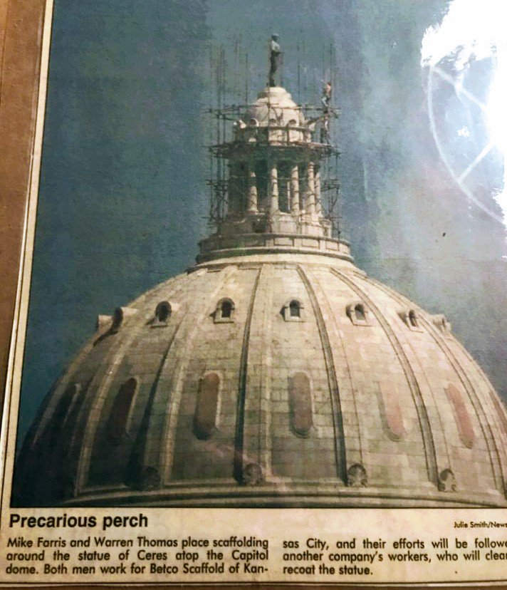Ceres_MO's tweet image. I was feeling a bit of deja vu recently! The @NewsTribune clipping on the left is the #MoCapitol in 1995 &amp;amp; the picture on the right was taken a couple weeks ago! If you look closely, you'll notice some fearless workers near me. One of the crew is actually in both photos! #CeresMO