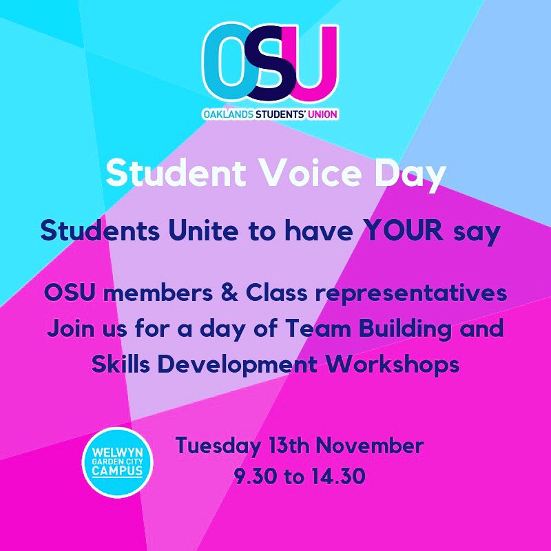 OakExtra's tweet image. Calling all Student Union members and Class Representatives - don’t forget it is Student Voice Day tomorrow. #oaklandscollege #college #collegelife #takeontheworld #studentsunite #welwyngardencity #StAlbans