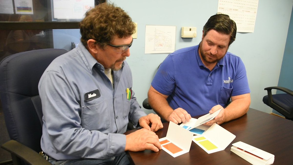 Personal services what our customers greatly appreciate.  Here's Scott discussing color swatches with Monte at Buck's Fabricating.

#indsustrialcoatings #exactmatchcolor