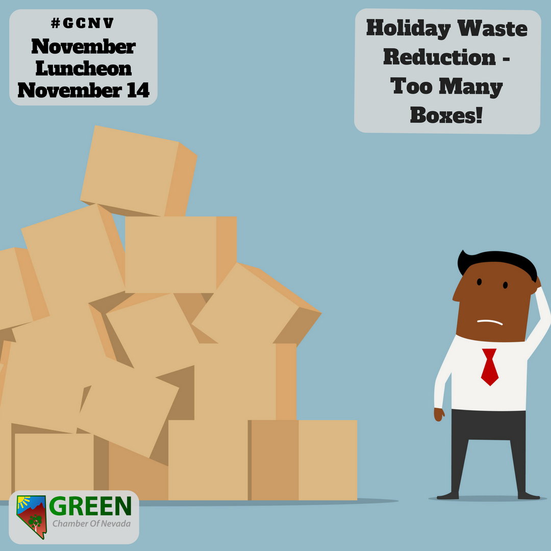 GreenChamberNV's tweet photo. When the dust and smoke of the holidays settles, what's left but a ton of cardboard overflowing from our recycle bins. Come to our luncheon this Wednesday and learn about ways to reduce holiday waste! https://t.co/Jdic4SFBZi #GreenChamber #EcoMonday #Environment #Green #Recycle https://t.co/LIgcdprRdh