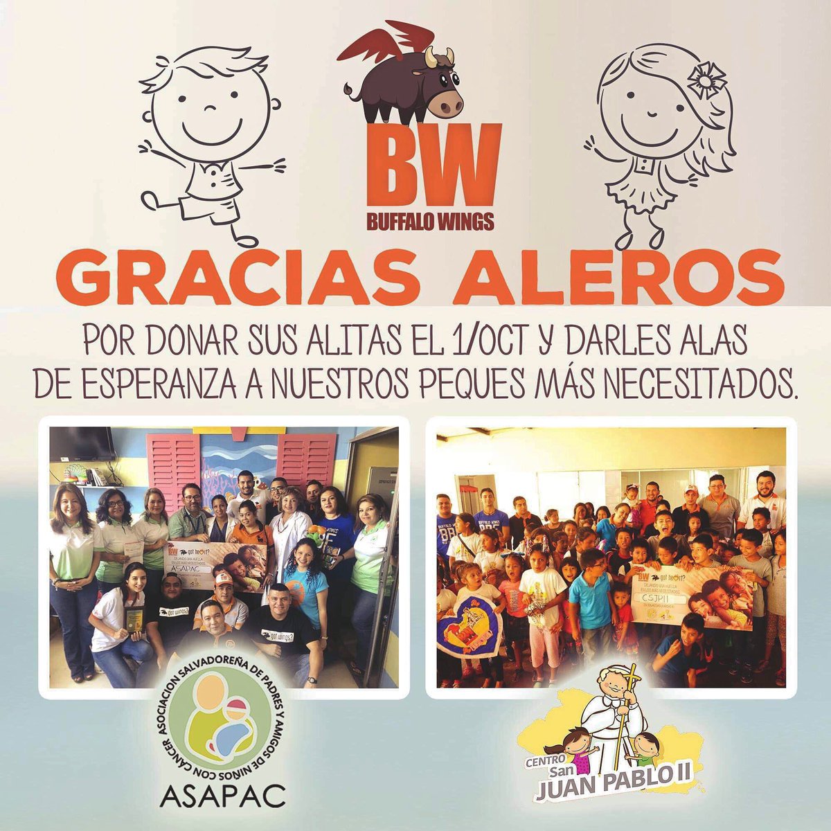 BWelsalvador's tweet image. ¡GRACIAS ALEROS por ayudarnos a consentir a los más necesitados ❤️🍗! #CSJPII #ASAPAC (@centrosanjuanpabloiielsalvador y Asociación Salvadoreña de Padres y amigos de niños con cáncer)