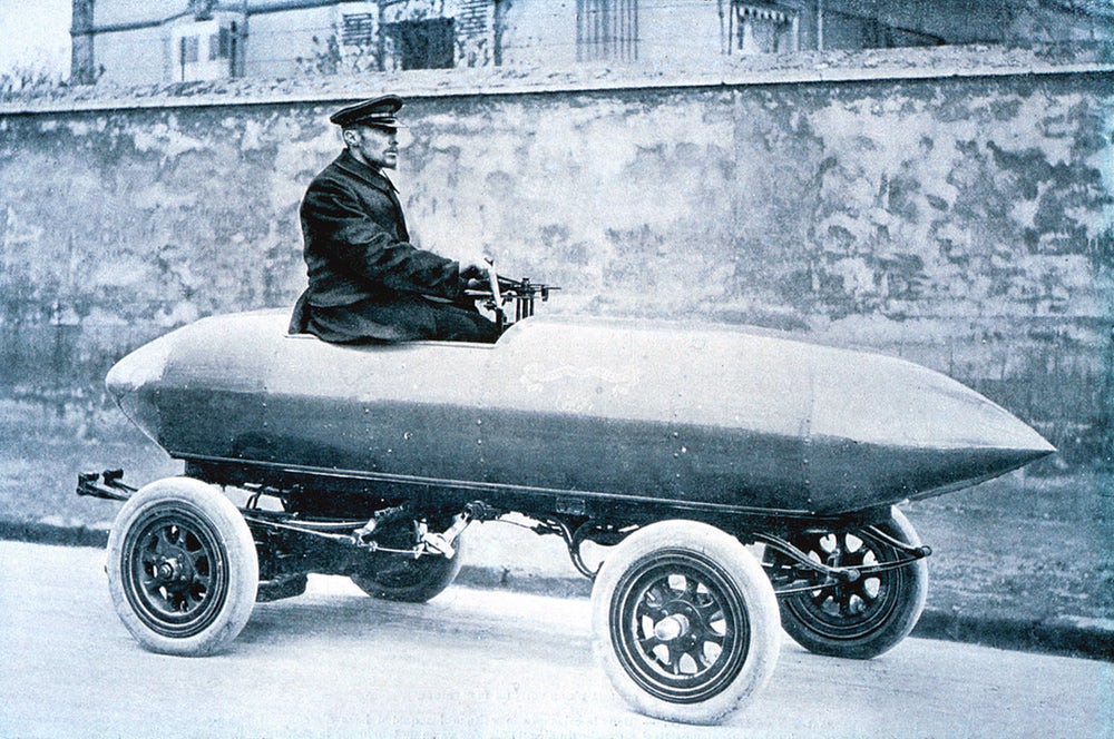 21. The first ever *purpose built* land-speed vehicle, however, was another Jeantaud la jamais-contente (‘the never-satisfied’) which was driven to beat that record by Camille Jenatzy, a Belgian with an incredible beard. Every photo is :