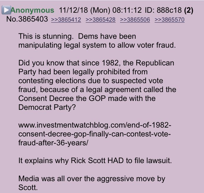 Anon post: Consent Decree on election fraud rescinded!!  #QAnon  #ConsentDecree  @realDonaldTrump  http://www.investmentwatchblog.com/end-of-1982-consent-decree-gop-finally-can-contest-vote-fraud-after-36-years/