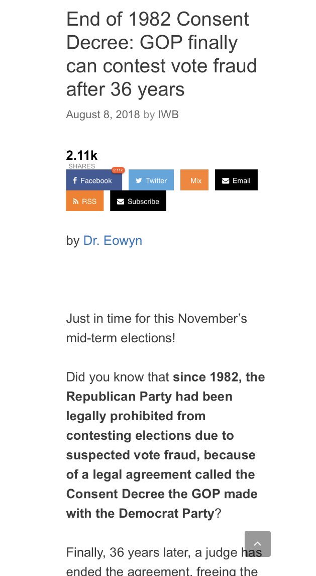 Anon post: Consent Decree on election fraud rescinded!!  #QAnon  #ConsentDecree  @realDonaldTrump  http://www.investmentwatchblog.com/end-of-1982-consent-decree-gop-finally-can-contest-vote-fraud-after-36-years/