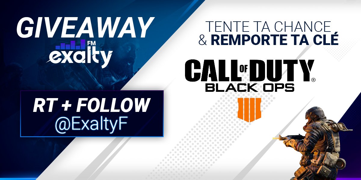 ExaltyRadio's tweet image. ⚠️  GIVEAWAY  ⚠️

Pour la nouvelle saison d'Exalty FM, nous organisons un giveaway (pour gagner une clé Call of Duty Black ops 4)

Pour participer il suffit de : 
-Follow @ExaltyF 
-RT ce post

Fin du giveaway le 19 Novembre !