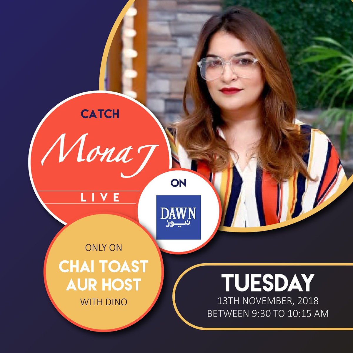 starlinkspr's tweet photo. The celebrity makeup stylist, Mona J will be live on DawnNews TV with the talented @dinoaliofficial on Chai,Toast aur Host! Don't forget to tune in between 9:30 am to 10:15 am tomorrow, Nov 13th 2018, only on DawnNews
#monajsalon @monajsalon #dawnnews #MonaJ #salon #MonaJclifton https://t.co/yh758lKQZB