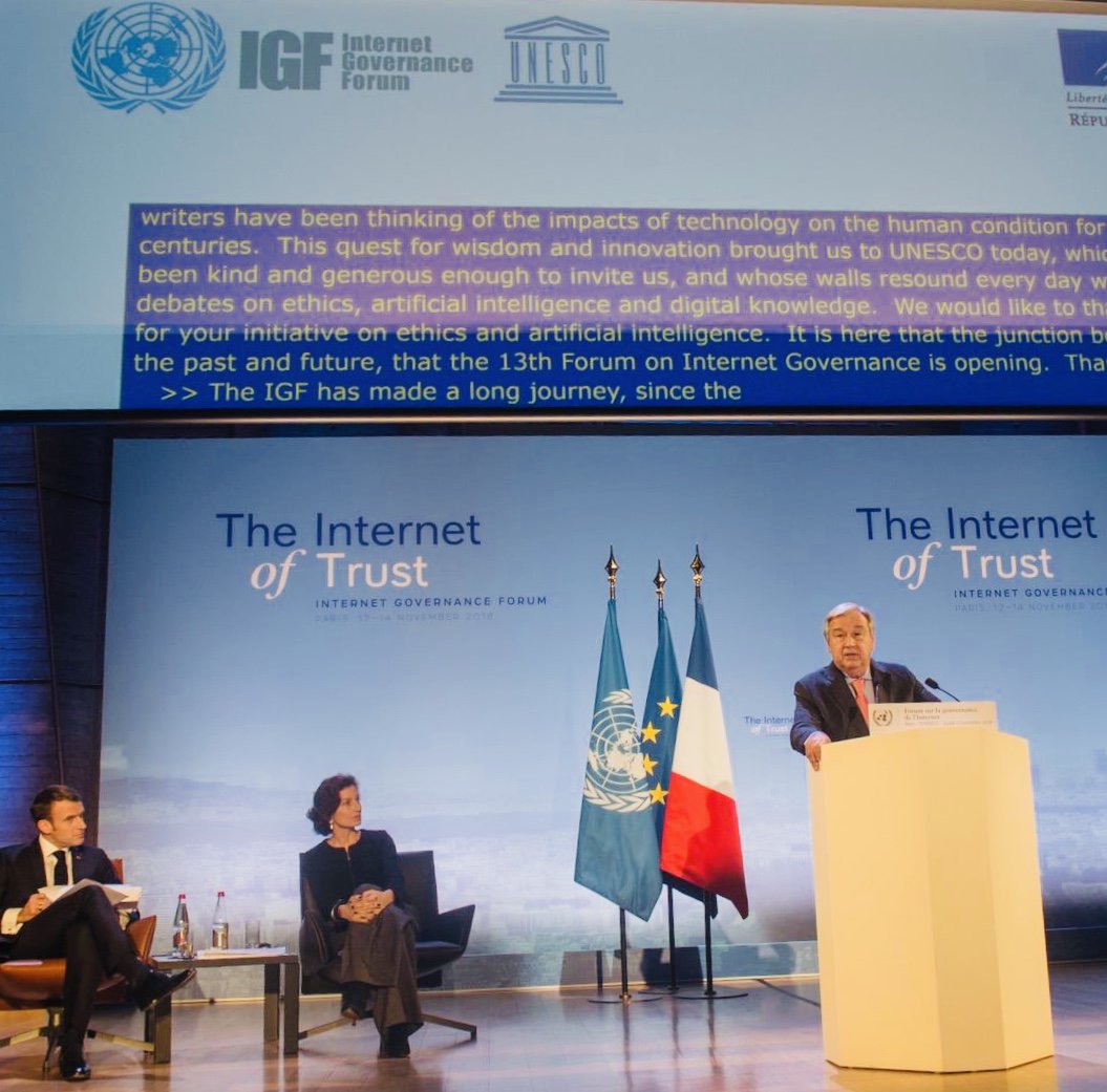 United Nations (@UN) on Twitter photo 2018-11-12 17:17:04 When it comes to governance, we must be as creative & bold as those who first built the Internet. You can count on my support in this journey towards a prosperous, safe & fair digital future. -- @antonioguterres to global leaders at #IGF2018 bit.ly/2JYcCUN When it comes to governance, we must be as creative & bold as those who first built the Internet. You can count on my support in this journey towards a prosperous, safe & fair digital future. -- @antonioguterres to global leaders at #IGF2018 bit.ly/2JYcCUN