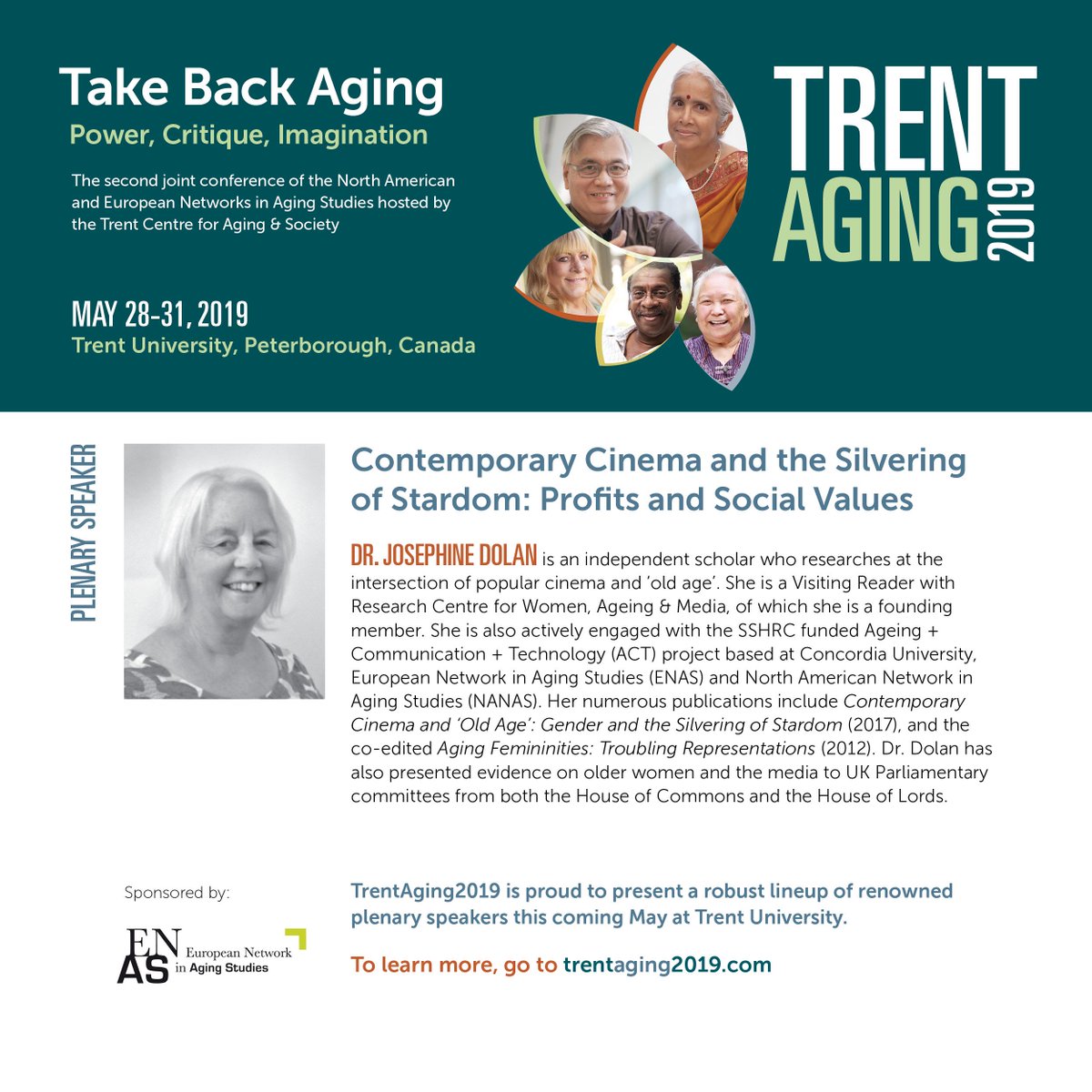 TrentAging's tweet photo. We're pleased to announce another esteemed plenary for #TrentAging2019 - Dr. Josephine Dolan. Her talk is sponsored by our conference partner, the European Network in Aging Studies. More info to follow all week, and stay tuned for more announcements! #TakeBackAging #AgingStudies https://t.co/Coq5WkwofY