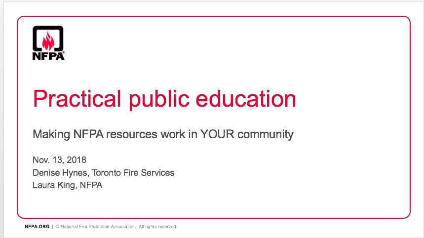 LauraKingNFPA's tweet image. There's still time to register for tomorrow's Practical Public Education webinar with @NFPA fire-and life-safety educator of the year Denise Hynes. If you can't participate live, register and we'll send you the recorded version! Here's the link: bit.ly/2CSVsY2