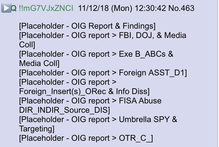 !!NEW Q Drop! 12:30:42 [Placeholder - OIG Report & Findings][Placeholder - OIG report > FBI, DOJ, & Media Coll][Placeholder - OIG report > Exe B_ABCs & Media Coll][Placeholder - OIG report  #QAnon  #DeclassifyFISA  #SealedIndictments  @realDonaldTrump