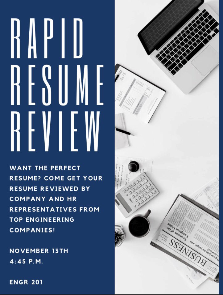 Hey SWEsters! Just a reminder about our Rapid Resume Review on Tuesday! There will be representatives from Space Dynamics Lab, Northrop Grumman, L3 Communications, Earthsoft, Thermal Management Technologies, Hill Airforce Base and Inovar! 

Hope to see y’all there 💜💛