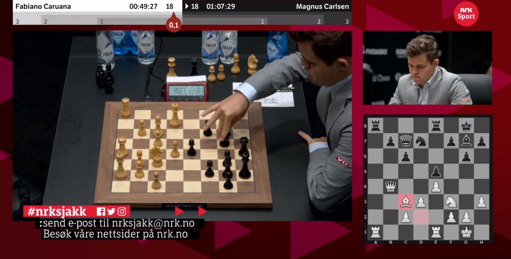 Tarjei J. Svensen on Twitter: "Here's the situation on move 18: Carlsen  touches his knight, but does not appear to say "j'adoube". An arbiter  could've intervened and forced him to move the