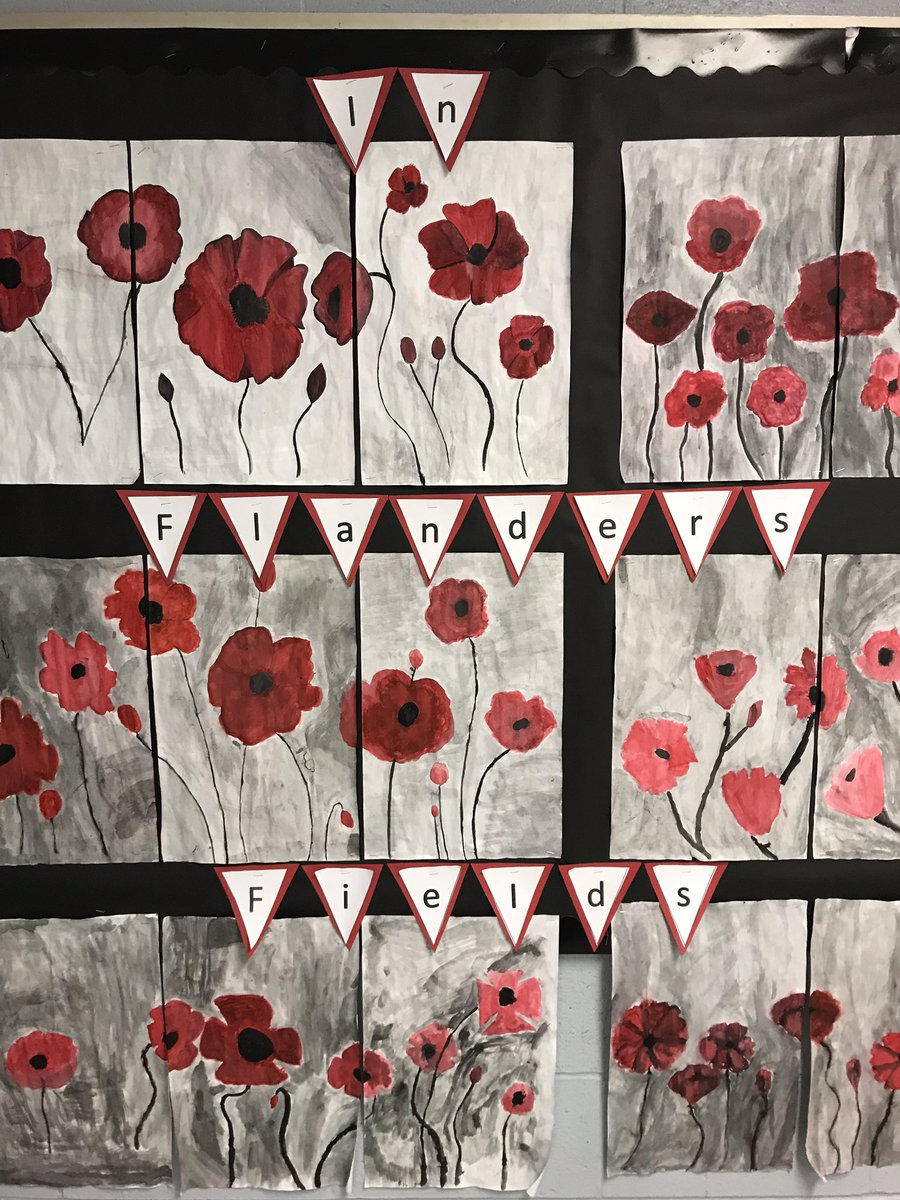 MirellaDev's tweet photo. In Flander’s Fields - students were placed in groups of 2 or 3 to create a piece of art. Each student was responsible for their own painting. #poppyart #collaborativepiece #grade8 #RememberanceDay @StAndrewTCDSB https://t.co/ONv3iHkEq6