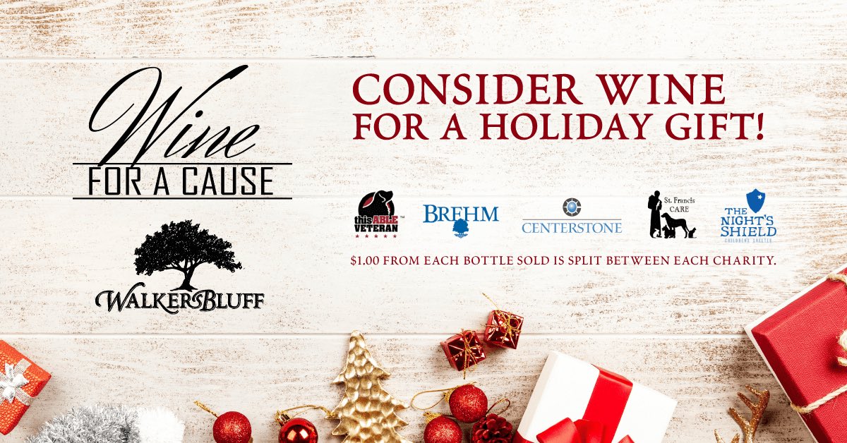 Walkersbluff's tweet image. Give the gift that keeps on giving this holiday season! For every bottle of Walker's Bluff wine sold, $1 is split between these charities - this ABLE Veteran, Brehm, Centersone, St. Francis Care and The Night's Shield.