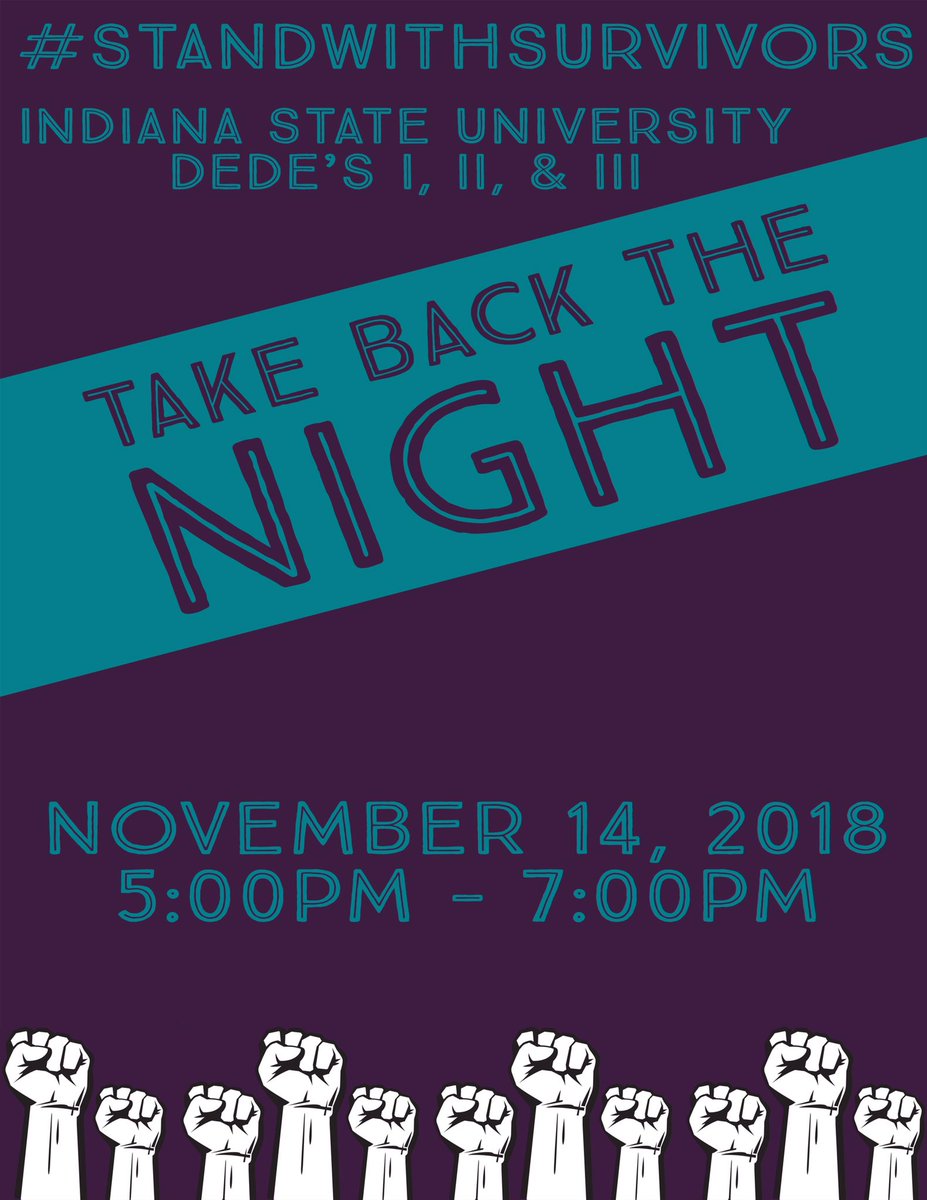 amandajohobson's tweet image. This week it’s time for Take Back the Night. @indianastate and Terre Haute community we invite you to come out to #StandWithSurvivors Wednesday, November 14 from 5-7PM (resource fair 5, rally 6, and March 6:30) in the Dedes! @GenderState