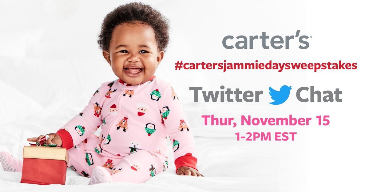 Carters's tweet photo. Tweet with us on Thursday, November 15th using #cartersjammiedaysweepstakes for your chance to win 1 of 5, $100 Carter’s Gift Cards! Full rules: https://t.co/k6NKFj0PlB https://t.co/FMqhO4qHTa