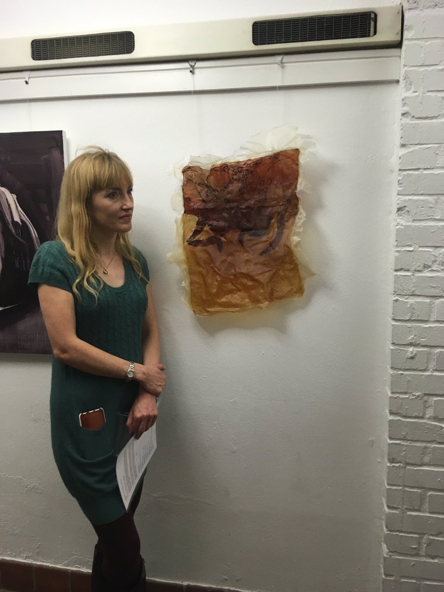 Babalynne's tweet photo. #Museum30 textures.... not quite a museum but check out @fionalongart’s use of squid ink on crinkley kombucha culture material. On at her #Subsumed show in @BowBellsChurch crypt. #tentacles #cthulu https://t.co/EICQYV4mRd