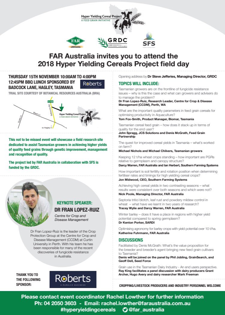 far_australia's tweet image. #Hyperyieldingcereals Don’t forget to join us for the field day this week at the Hyper Yielding Cereals site in Tasmania. Please come prepared with the right clothing and keep an eye on the weather forecast. @far_australia 
@theGRDC @theCCDM