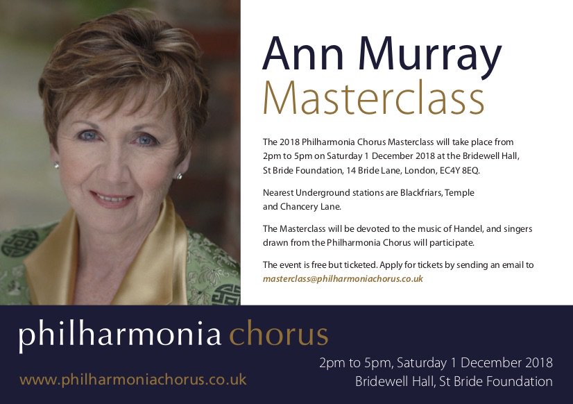 .@PhilChorus Masterclass Sat 1 Dec 2-5pm Bridewell Hall, St Bride Foundation, London. Acclaimed Mezzo Ann Murray explores the music of Handel with members of the Philharmonia Student Scheme. Free tickets-email: masterclass@philharmoniachorus.co.uk mailchi.mp/65e2b7392d99/t…