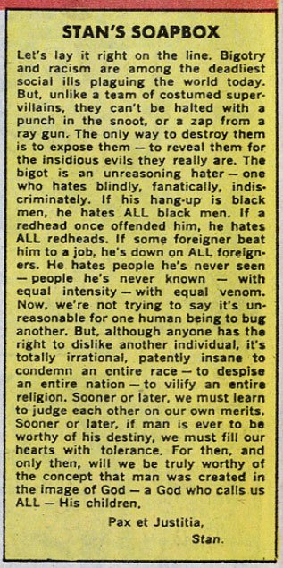 A superhero – Stan Lee writing against racism and bigotry in 1968.