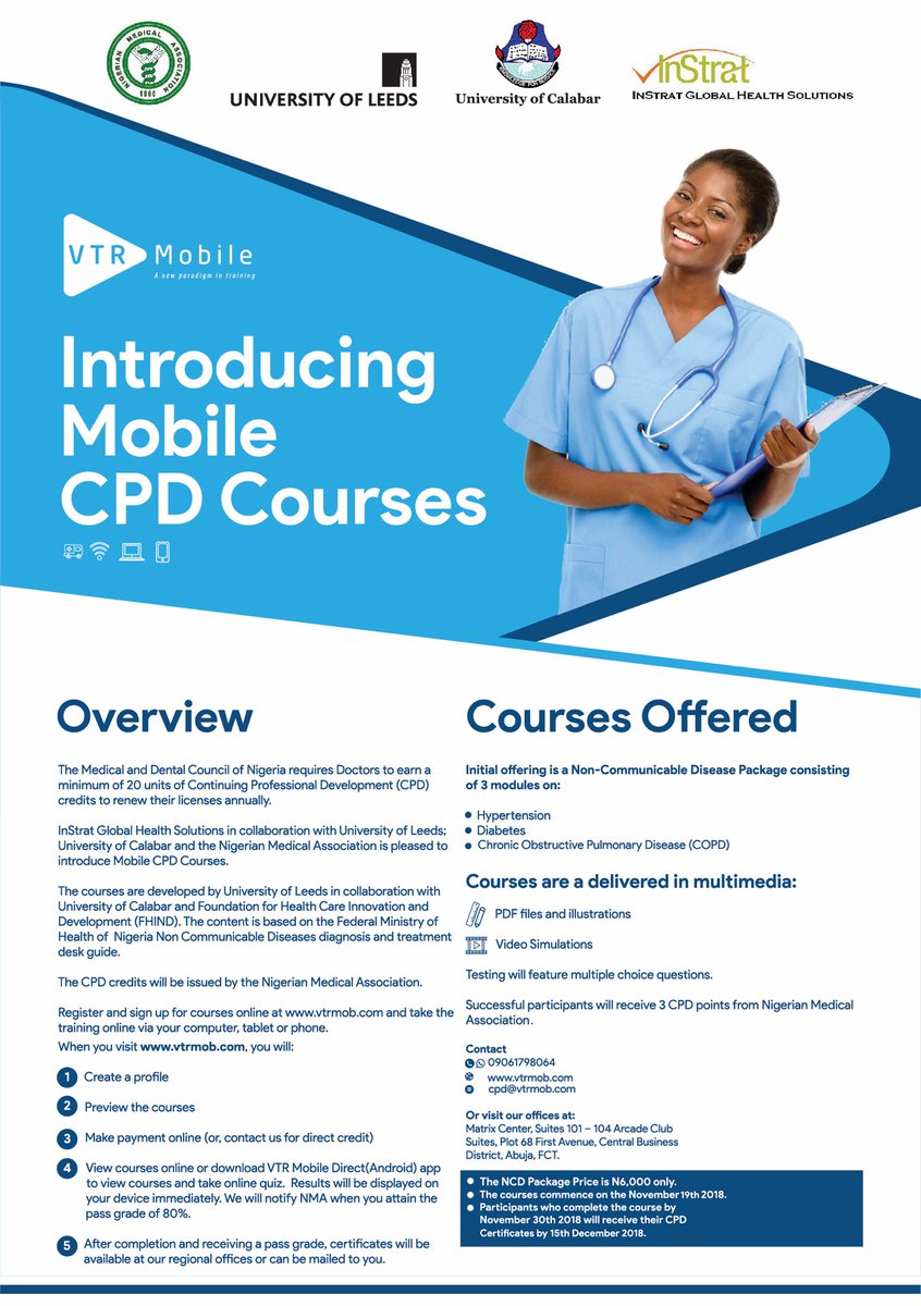 Announcing #mobile #CPD #Training for #Nigerian #Doctors. Thanks to partners including @nmanigeria <a href="/UniversityLeeds/">University of Leeds</a>, Univ of. Calabar. Training provided via #VTR Mobile built on Medixcel platform.
