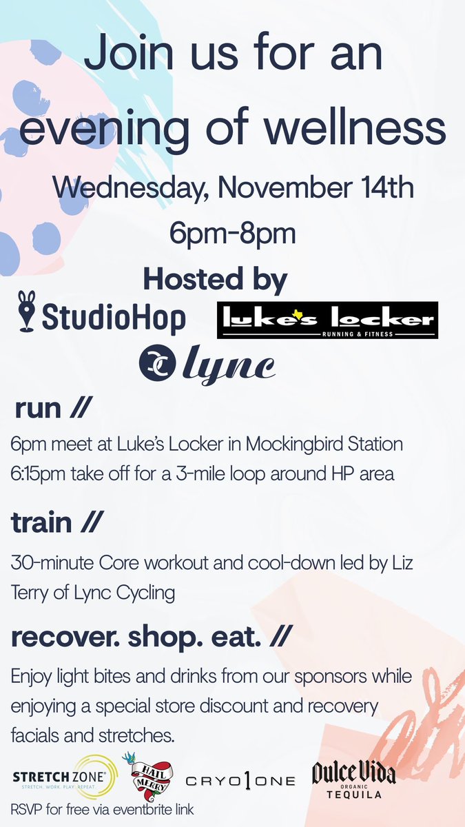 This Wednesday night at our Dallas store, we are teaming up with Lync and StudioHop to provide you with a free run/core combo workout and some fun refreshments! Check out the details, register and come join us! #runlocal, #shoplocal, #trainwithlukes