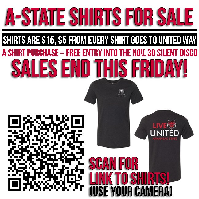 AState_LC's tweet photo. Sales end Friday! $5 of every shirt will go to the United Way of NEA, and you will automatically be admitted to the Silent Disco on the 30th! Buy your shirt here: https://t.co/ojG5MCKL3o https://t.co/iijY8G96Si