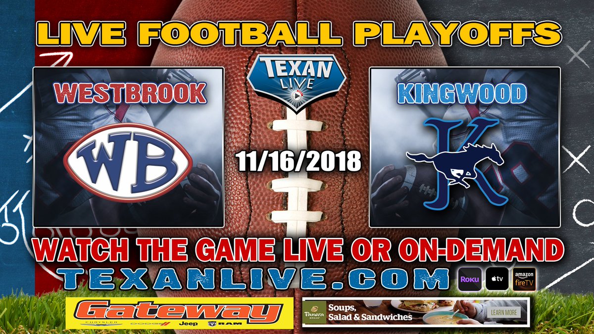 DCTXStreaming's tweet photo. 2018 Bi-District Football Playoffs 
📺LIVE VIDEO BROADCAST 📺 
Westbrook vs Kingwood 
Friday, - 11/16/2018
Coverage begins @ 7:00PM
For the LIVE link click here: https://t.co/6dIH78425D

@HoustonChronHS @KHSMustangFBall @KHSSoftball https://t.co/ZHRHwwd3K1