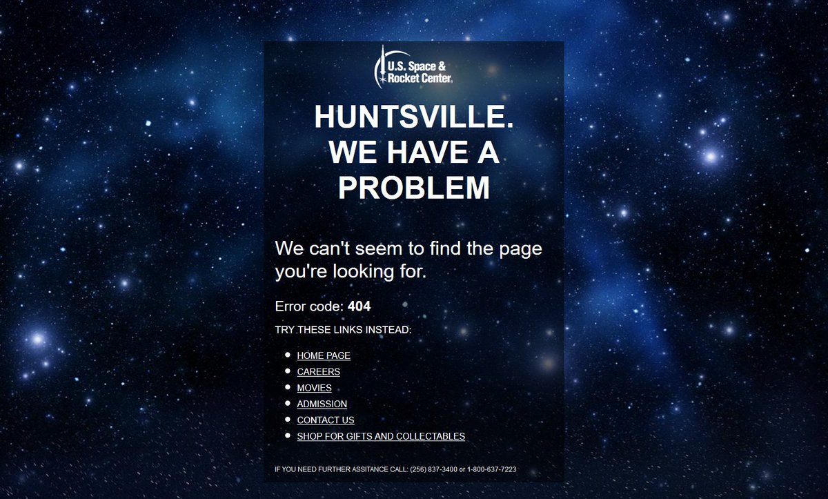 museum404's tweet image. #Museum404 U.S. Space &amp;amp; Rocket Center (One Tranquility Base, Huntsville, Alabama, USA) @RocketCenterUSA rocketcenter.com/404/ &amp;gt; &quot;HUNTSVILLE.
WE HAVE A PROBLEM&quot; #ErrorCode404
