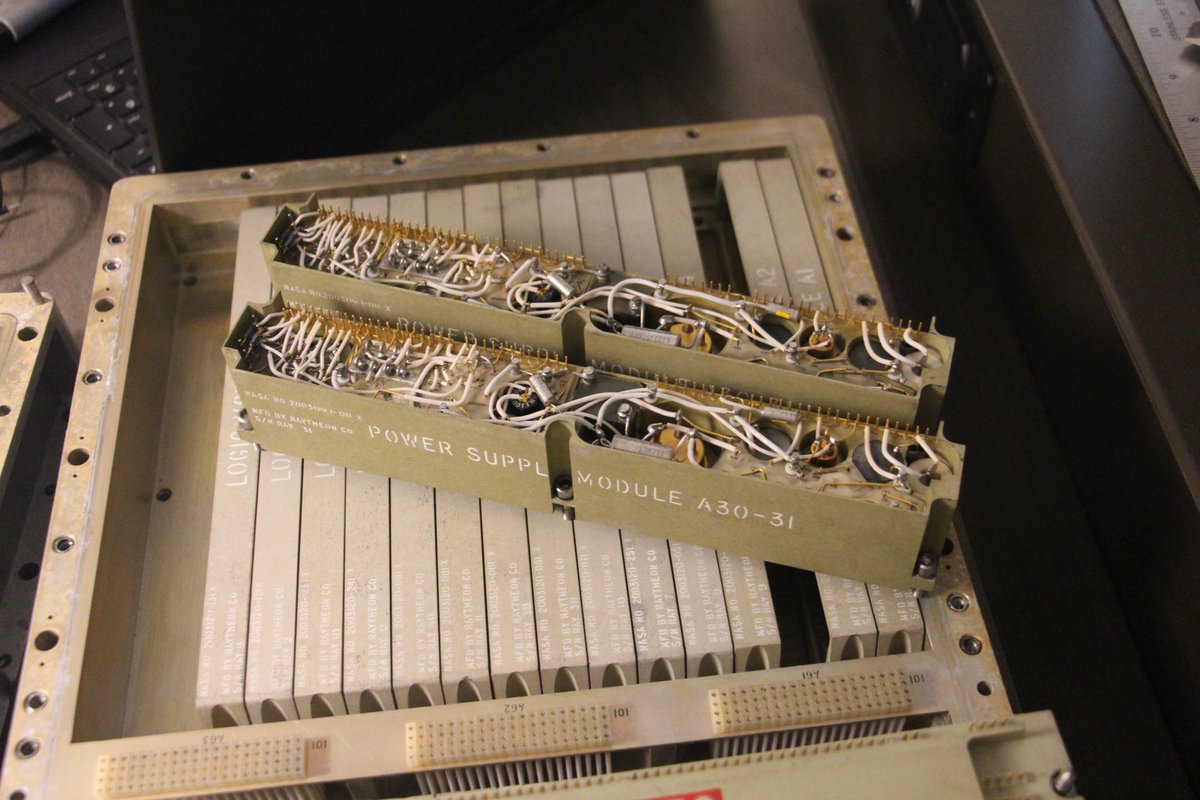kenshirriff's tweet image. We are restoring an Apollo Guidance Computer. After 52 years it works perfectly except for the core memory (which unfortunately is a critical component). The computer was one of the first computers built from integrated circuits, using many, many dual NOR gate flat pack ICs.