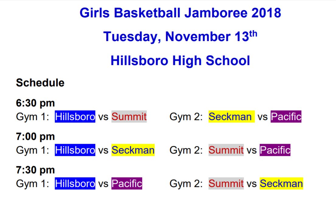 Practice is cancelled for today. Here is the schedule for our Jamboree tomorrow at Hillsboro.