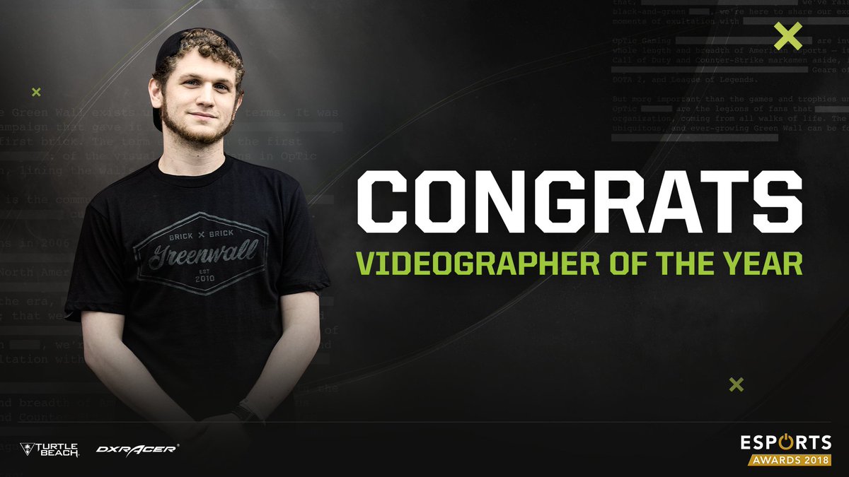 OpTic's tweet photo. BACK TO BACK
@OpTicHitch has been voted "Esports Videographer of the Year" by the @esportsawards for the 2nd year in a row!

#GREENWALL https://t.co/ib4AcIcNc4