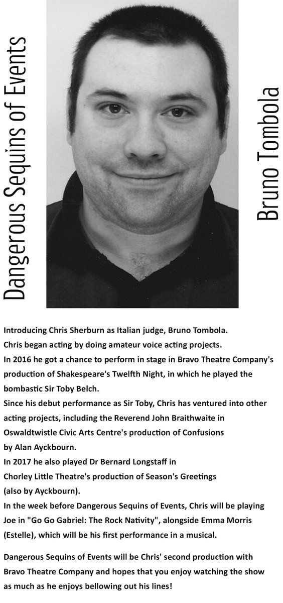 BravoTCUK's tweet photo. Introducing Chris Sherburn who is playing crazy Italian judge Bruno Tombola in "Dangerous Sequins of Events". Tickets available at https://t.co/sgYhzNya00    or text/call 07984450320 or reply here #murdermystery #bravotheatrecompany #stpeterspavilion #localactor #wigan #hindley https://t.co/g25JqD7b20