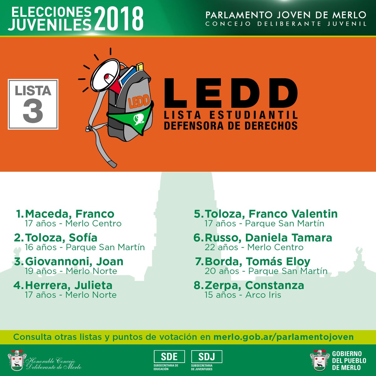 SDJuventudes's tweet image. ELECCIONES JUVENILES 2018
Si tenes entre 12 y 24 años, este viernes vas a poder elegir otros jóvenes que te representen en el #ParlamentoJoven. Entra a merlo.gob.ar/parlamentojoven para más información.