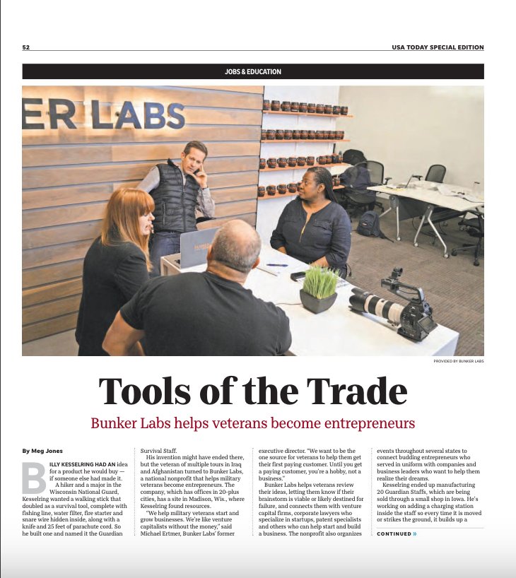 BunkerLabsMSN's tweet photo. Thank you @MegJonesJS for featuring @BillyKesselring @LightsOnTester, @RiveterBuilder &amp; @BunkerLabsMSN in the national #VeteransDay @USAToday Magazine! 

Jobs &amp; Education (Pg. 54) > Tools of the Trade: @TheBunkerLabs helps veterans become entrepreneurs <https://t.co/vMGpE6XXIz> https://t.co/Qn392Nd667