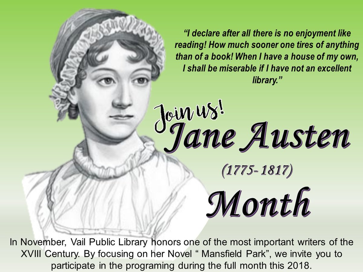 “Mansfield Park” lecture by CMC Professor, Dustin Doss, M.A.  Wed, Nov 14 @ 5pm.  Enjoy the beauty of nature through a window &amp; join in a discussion of this month's book over light refreshments.  Event is free &amp; all are welcome to attend!  vaillibrary.com
