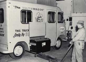 77. This is a small photo but I like it - a 1960s American truck made by Batronic and dubbed The Voltswagon. That's the battery being moved -