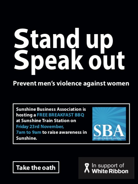 SunshineBusAssn's tweet photo. White Ribbon FREE BBQ Breakfast at Sunshine train station Friday 23rd November, 7am to 9am. Stop sign a white ribbon &amp; grab a free sausage on your way to work. https://t.co/YOFe4M1D3n