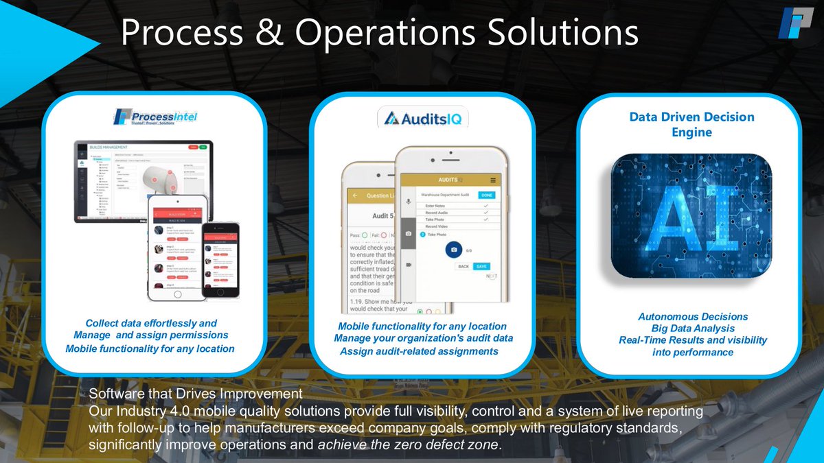 ProcessIntelCo's tweet image. Process Intel - Software that drives improvement. Industry 4.0 mobile quality solutions. Full visibility, control &amp;amp; live reporting w/follow-up. #Manufacturers ,exceed company goals, achieve compliance, significantly improve operations &amp;amp; achieve the zero defect zone. #ProcessIntel