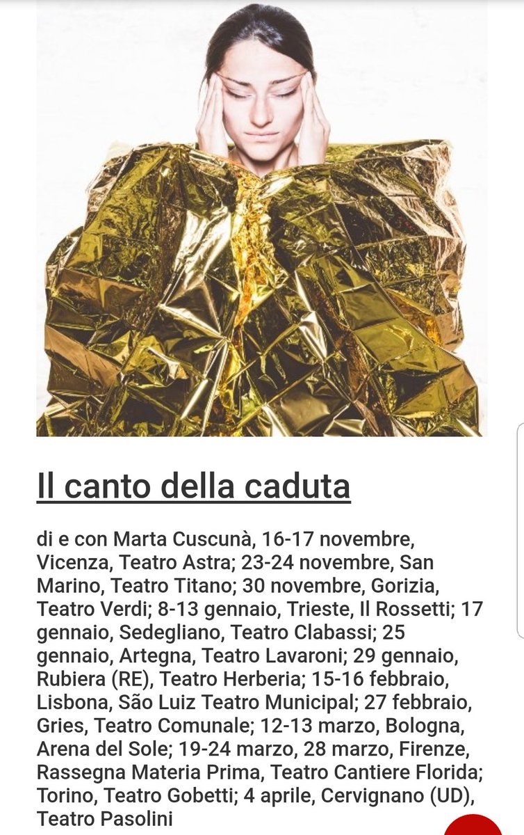 CSSTeatrostabileFVG (@cssudine) on Twitter photo La tournée de Il canto della caduta della nostra #MartaCuscunà
da novembre ad aprile
tra Italia e Portogallo!
Si inizia 16-17 novembre dagli amici del <a href="/TeatroAstra/">Teatro Astra Vicenza</a> #Vicenza!
Aggiornamenti e nuove date del tour di <a href="/MartaCuscuna/">Marta Cuscunà</a> qui: cssudine.it/produzioni/107… La tournée de Il canto della caduta della nostra #MartaCuscunà
da novembre ad aprile
tra Italia e Portogallo!
Si inizia 16-17 novembre dagli amici del <a href="/TeatroAstra/">Teatro Astra Vicenza</a> #Vicenza!
Aggiornamenti e nuove date del tour di <a href="/MartaCuscuna/">Marta Cuscunà</a> qui: cssudine.it/produzioni/107…