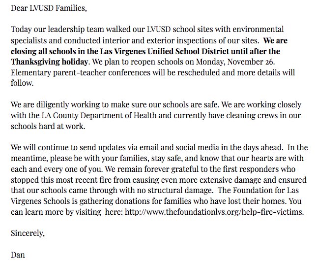 LVUSD (@lvusd) on Twitter photo Please see the attached school closure update from Dr. Stepenosky. #LVUSD schools will remain closed through the Thanksgiving holiday. <a href="/acornnewspaper/">The Acorn</a> <a href="/vcstar/">Ventura County Star</a> <a href="/dstepenosky/">Dan Stepenosky</a> #HillFire #WoolseyFire #CaliforniaFires #LVUSDStrong Please see the attached school closure update from Dr. Stepenosky. #LVUSD schools will remain closed through the Thanksgiving holiday. <a href="/acornnewspaper/">The Acorn</a> <a href="/vcstar/">Ventura County Star</a> <a href="/dstepenosky/">Dan Stepenosky</a> #HillFire #WoolseyFire #CaliforniaFires #LVUSDStrong