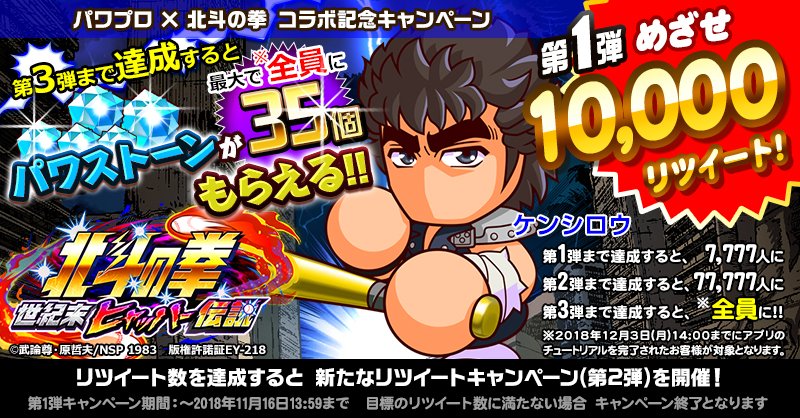 パワプロアプリ公式 35周年を迎えた 北斗の拳 とのコラボを記念したrtキャンペーン開催 第3弾ツイートまでの目標rt数を全部達成すると 全員にパワストーン 35個プレゼント まずは第1弾 このツイートのrt数10 000を達成しようー ヒャッハー ここ パワプロアプリ公式 35周年を迎えた 北斗の拳 とのコラボを記念したrtキャンペーン開催 第3弾ツイートまでの目標rt数を全部達成すると 全員にパワストーン 35個プレゼント まずは第1弾 このツイートのrt数10 000を達成しようー ヒャッハー ここ