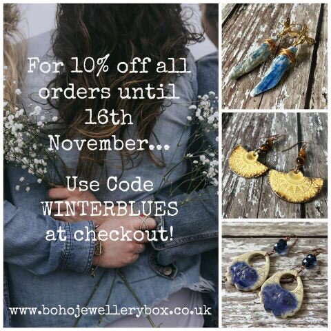 Good morning 😁 Use code WINTERBLUES at checkout for 10% off everything on my website: bohojewellerybox.co.uk 💙💙 #bohojewelry #bohojewellery #uniquegifts #handmadejewellery #giftforher #bohemian #gemstonejewelry #ceramicjewelry #earrings #necklaces #bracelets #oneofakind #boho