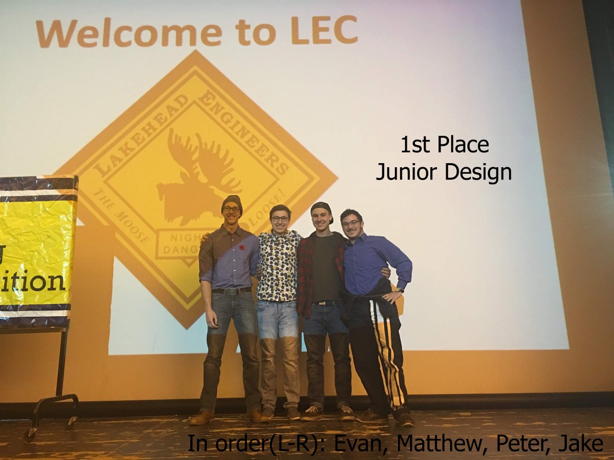 LakeheadESS's tweet photo. Congratulations to the winners of our 2018-2019 Lakehead Engineering Competition!
Jr Design:
Peter Van Arkel, Evan Cline, Matthew Clark, Jake Penton
Sr Design:
Konrad Hodges, Joshua Foster, Chandra Bhattacharjee, Esteban Puello
#LEC #LEC2018 #Winners #SrDesign #JrDesign #OEC https://t.co/cgUHWhAusf