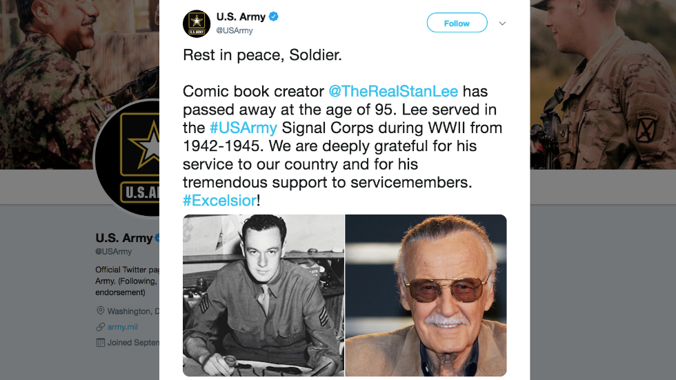 US Army pays tribute to legendary comic book creator Stan Lee: "Rest in peace, Soldier" hill.cm/AKNK6Xf