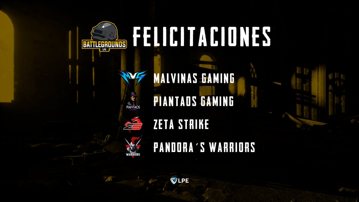 Luego de varias jornadas y muchos pollitos cocinados tenemos campeón de #LPEBATTLEGROUNDS:

¡Felicidades <a href="/malvinas_gaming/">MALVINAS GAMING</a> por llevarse esta edición del torneo!

Ellos junto a <a href="/PiantaosGaming/">Piantaos Gaming 🎩</a> , <a href="/ZetaStrikeOK/">Zeta Strike</a> y <a href="/PandoraWarriors/">Pandora's Warriors</a> clasificaron a la próxima edición de la #SuperLeague.