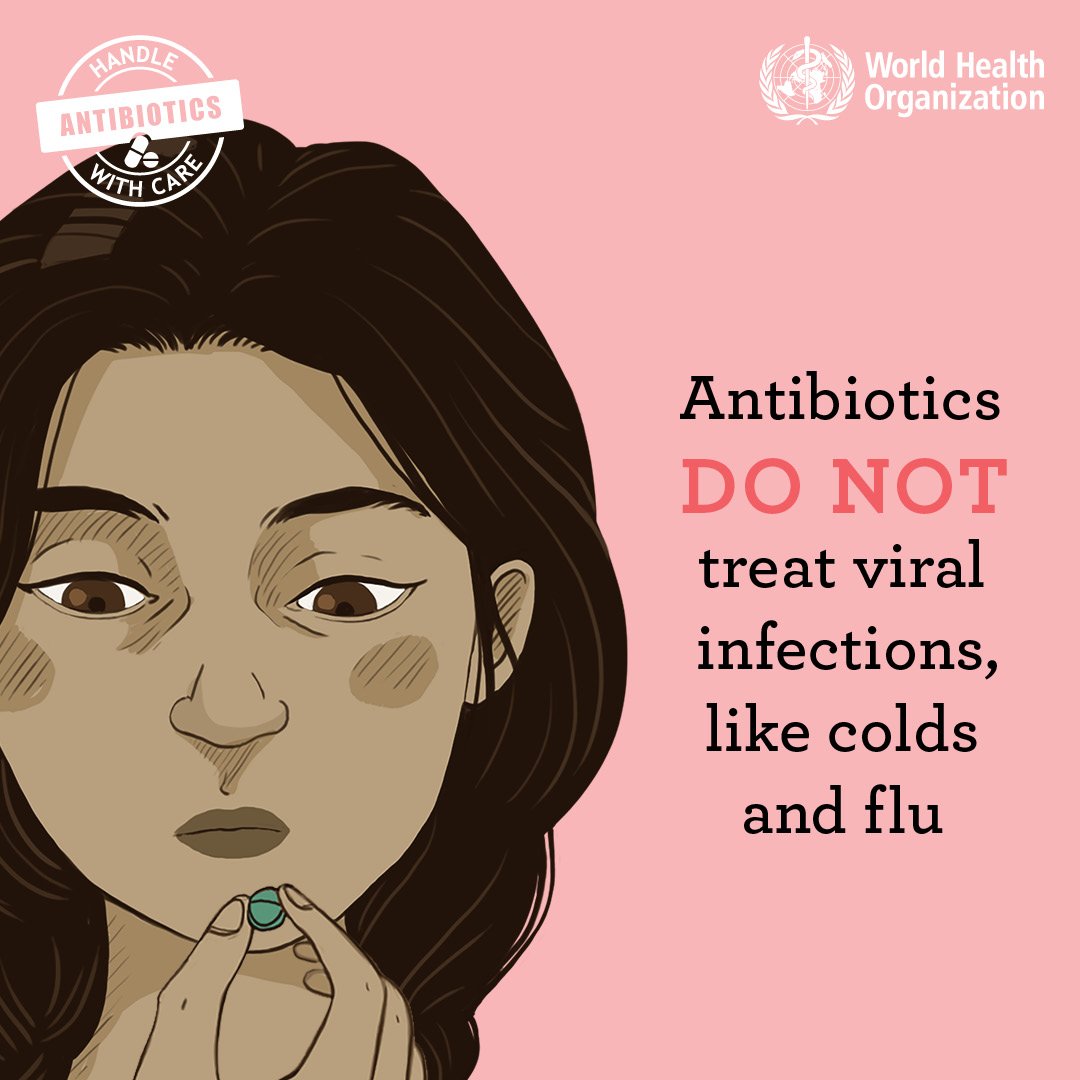 Did you know that antibiotics do not treat viral infections, like colds and flu? The misuse of antibiotics contributes to antibiotic resistance. Join the fight against #AntibioticResistance this #AAW2018 (12-18 November). For more info visit bit.ly/2OTyO8E