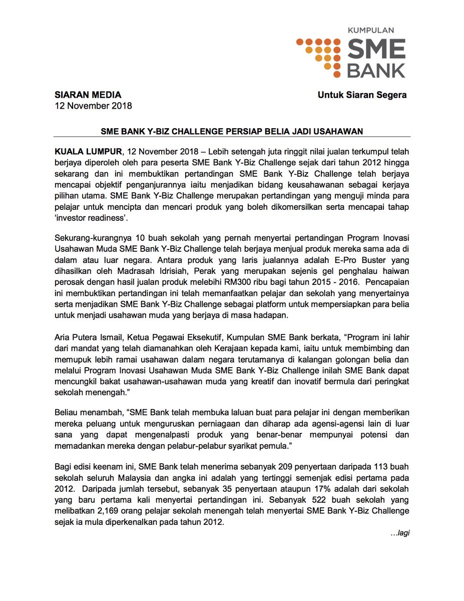 SME_Bank's tweet photo. Siaran Media - SME Bank Y-Biz Challenge Persiap Belia Jadi Usahawan
#SMEBank #programinovasi #usahawanmuda #siaranmedia https://t.co/L0naxb1sFV